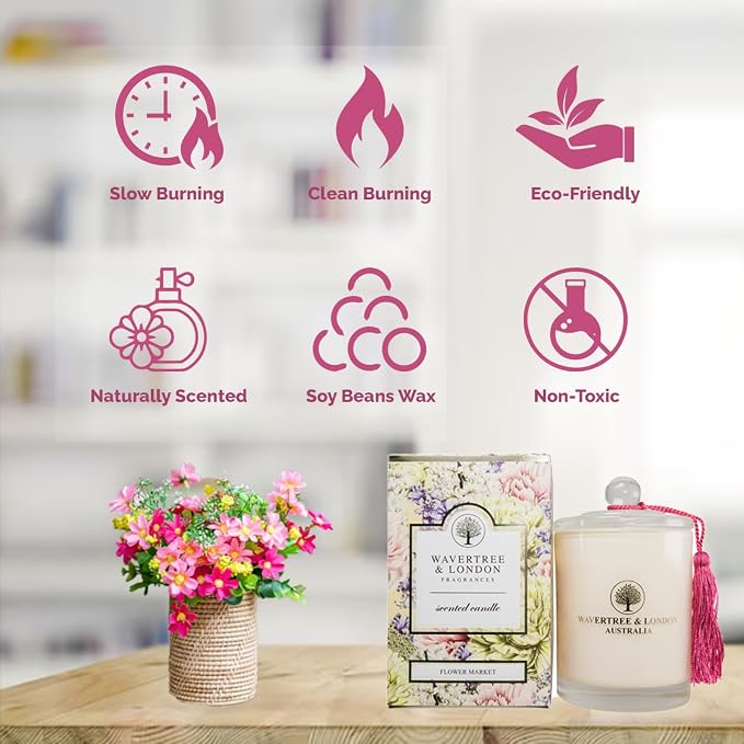 Wavertree & London Organic Flower Market Scent Soy Wax Candle | Non Toxic 100% Cotton Wick Triple Scented Pure Natural Soy Wax Candles, Hand Poured in Australia | 60 Hours Burning Time, 11.66 Oz