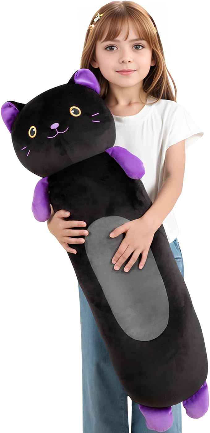 36” Long Cat Body Pillow Plush, Cute Big Black Cat Stuffed Animals, Giant Kitty Squishy Soft Plushies Toy, Gifts for Kids Girls and Boys, Birthdays Easter