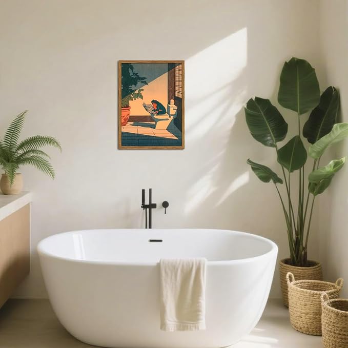 Funny Frog Bathroom Wall Art, Cute Japanese Frog in Toilet Wall Decor, Whimsical Green Animal Restroom Poster Canvas Painting Prints Artwork 12x16 inch Framed