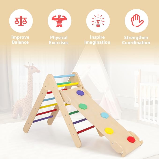 OLAKIDS Pikler Triangle Set 3 in 1 Climbing Toys for Toddlers Wood Montessori Baby Jungle Gym with Ramp Ladder Slide Kids Indoor Playground Activity Play Structure