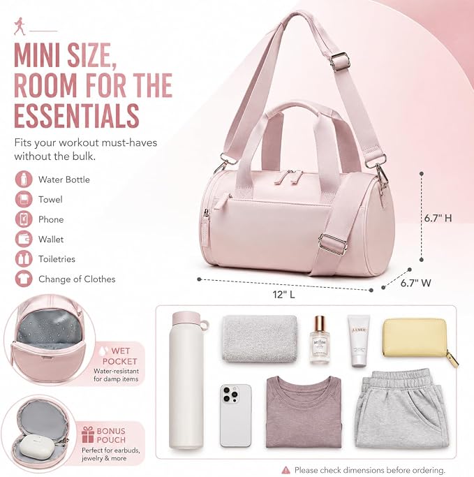 BTOOP Mini Gym Bag for Women, 12-Inch Small Duffle Bag with Wet Pocket and Coin Purse, Lightweight Water-Resistant Workout Bag for Yoga, Pilates, Dance and Travel (Pink)