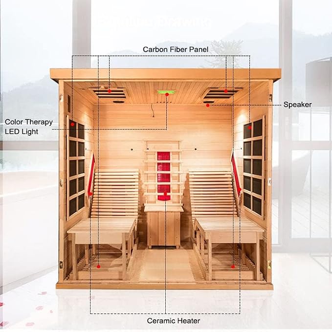 Infrared 2 Person Wooden Sauna Room, Luxurious Sauna with Recliner, 3400W Dry Heat Sauna for Home, 9 Heating Panels, Bluetooth Speaker, 7Color Lights, Oxygen Bar, 220V(Canadian Hemlock)