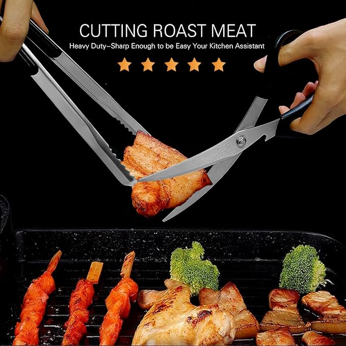 Kitchen Scissors, Korean Barbecue Sheras and Tongs Set,Kitchen Scissors for Meat Cutting, Chicken, Vegetables,Stainless Steel Non-slip Serrated Sharp BBQ Multipurpose Kitchen Sheras Tongs