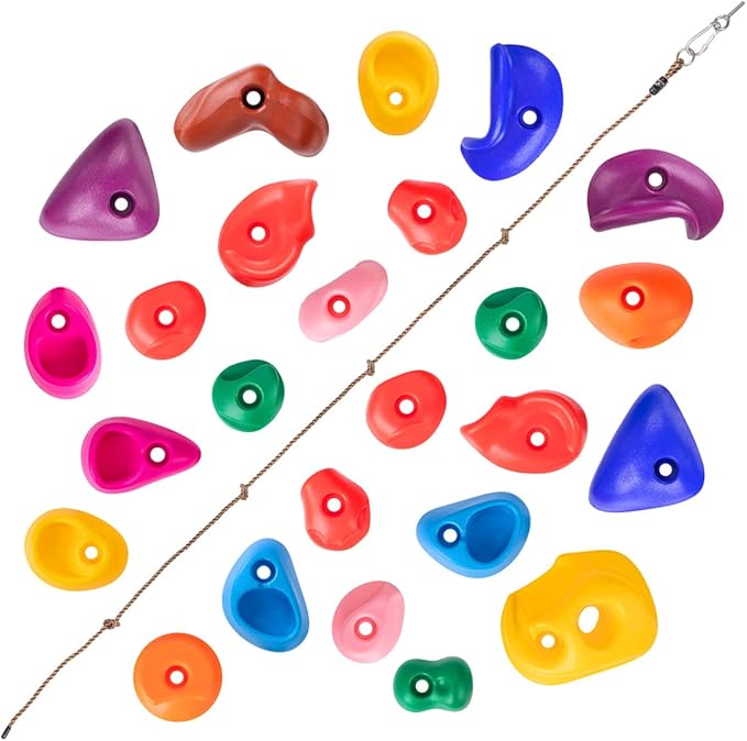 25 Rock Climbing Holds with 6.56Ft Knotted Climbing Rope, Kids Climbing Holds for Indoor Outdoor Play Set with Mounting Hardware (25 Single Hole Climbing Holds with Knotted Rope)