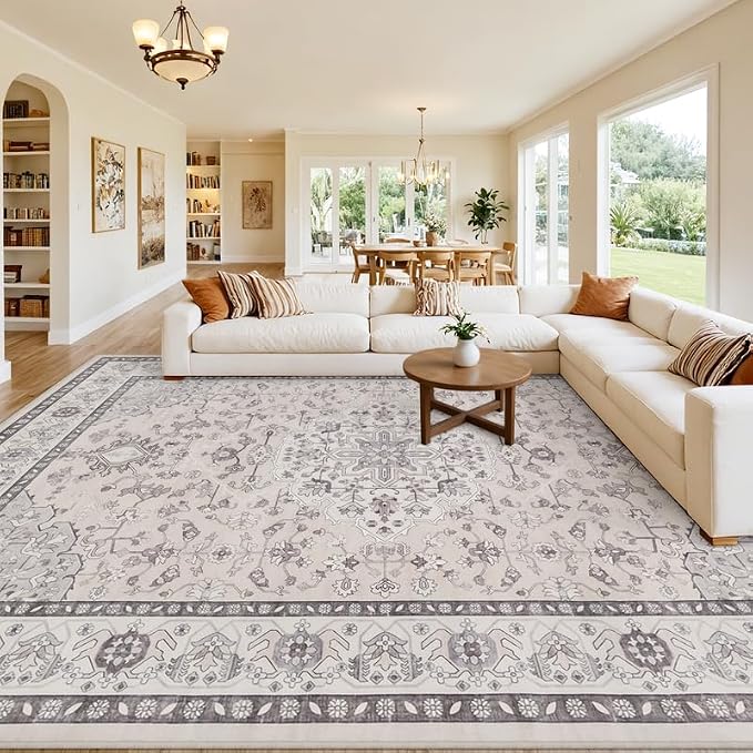 10x12 Area Rug for Living Room: Vintage Boho Neutral Washable Rug Indoor Soft Large Area Rug Carpet for Bedroom Nursery Farmhouse Dining Room Office Floor Non-Slip Low Pile Under Table Beige & Grey