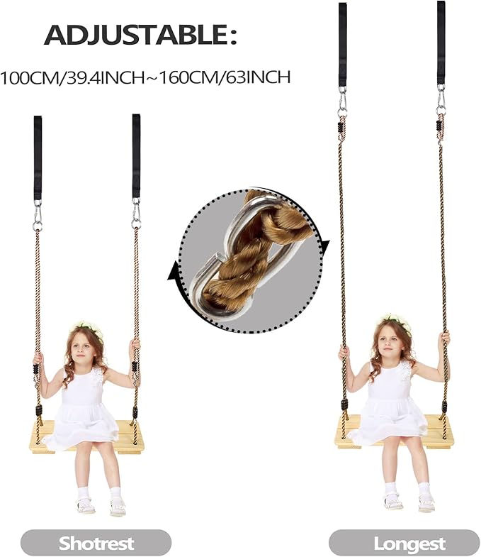 KINSPORY Wooden Swing Seat, Outdoor Swing Set Accessories for Backyard, Height Adjustable Rope with Hanging Tree Straps Kit for Porch Patio Garden Playgroud (Light Yellow)