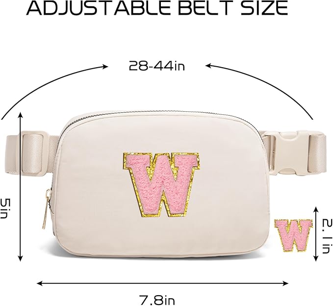 Gitus Belt Bag Fanny Pack Crossbody Bags with Initial Letter Patch Cute Stuff Birthday Gifts for Teenager Girls Trendy Preppy Stuff for Teen Girls(Beige-W)