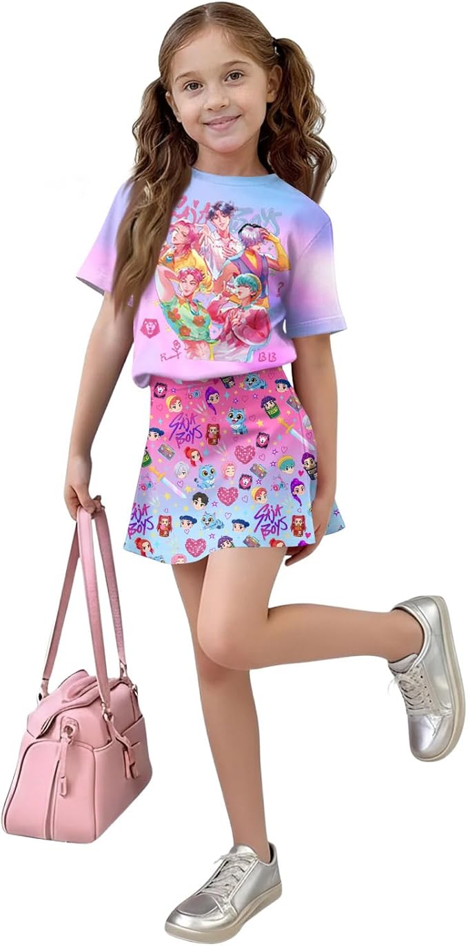 HTHLVMD K Pop Short Sleeve T-Shirt and Skirts Outfits Set for Girls Hunters Rumi Mira Zoey Graphic Tees De-Mon Costume