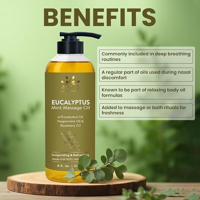 AVD Organics Eucalyptus Mint Massage Oil 236 ML | 100% Pure and Natural | Revitalizing & Cooling Aroma | Blended with Eucalyptus Sesame and Coconut Oil | for Both Men and Women | 8 fl oz