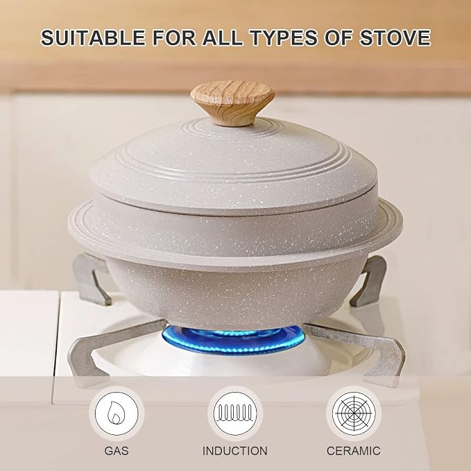 Cast Aluminum Pot with Lid, 72 oz Non-Stick Casserole Dish Korean Stone Bowl Induction Compatible, 2150 ml - White
