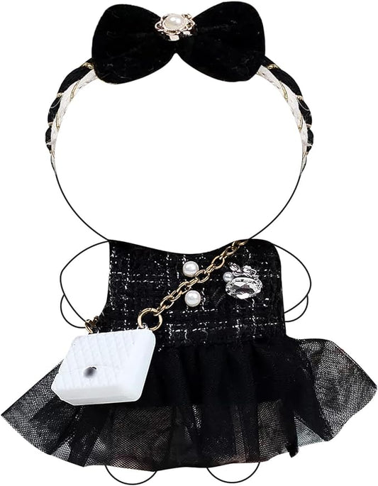 LBB Doll Clothes – Elegance in Motion Outfit for 17cm LBB: Black Sleeveless Sheer Dress, Black Bow Headpiece, and White Mini Bag (Doll Not Included)