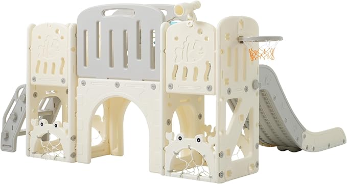 11in 1 Toddler Slide, Kid Slide for Toddlers Age 1-3 with Telescope, Basketball Hoop, and Telescope, Indoor Outdoor Playset Playground Grey Beige