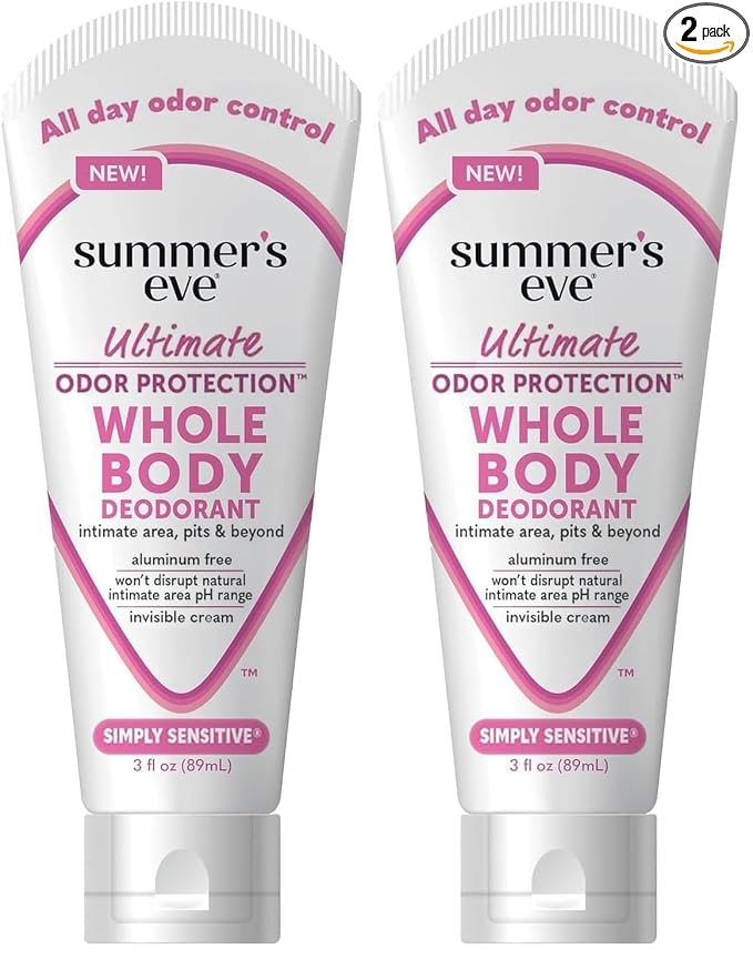 Summer's Eve Simply Sensitive Whole Body Deodorant for Women, Aluminum-Free Ultimate Odor Control Cream, 3 Oz (Pack of 2)
