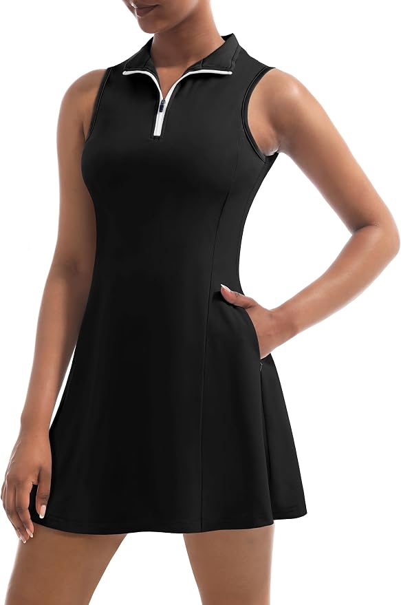 Tennis Dress for Women, Golf Dress with Shorts and Pockets Athletic Dress | Sleeveless Collared Half-Zipper Workout Sport Dress, Stretch Moisture Wicking Fabric, Tennis Golf Outfits