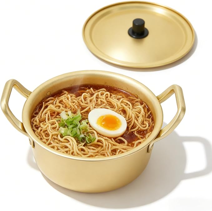 Korean Ramen Noodle Pot, Ramen Noodle Cookware Yellow Aluminum Non Stick Korean Traditional Quick Cooking Bowl for Open Fire and Electric Ceramic Stove(16cm Pot)