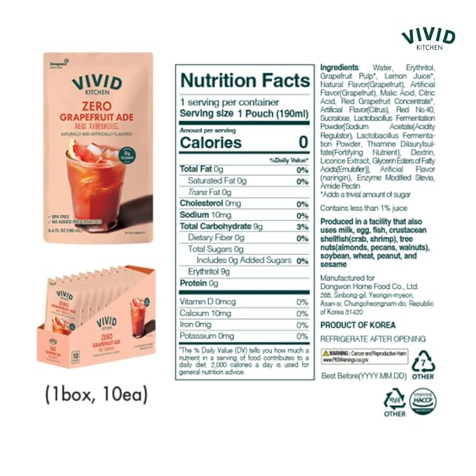 VIVID KITCHEN Korean Grape Ade – Grapefruit Flavor – Zero Sugar, Zero Calories – 6.4 fl oz (10 Pouches) – No Corn Syrup or Preservatives – Refreshing Korean Drink for Healthy, On-the-Go Hydration