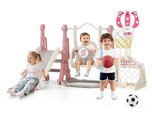 BIERUM Toddler Swing and Slide Set - 6 in 1 Baby Slide for Toddlers Age 1-2, with Basketball Hoop, Soccer and Golf Game, Indoor Outdoor Toddler Playset Pink