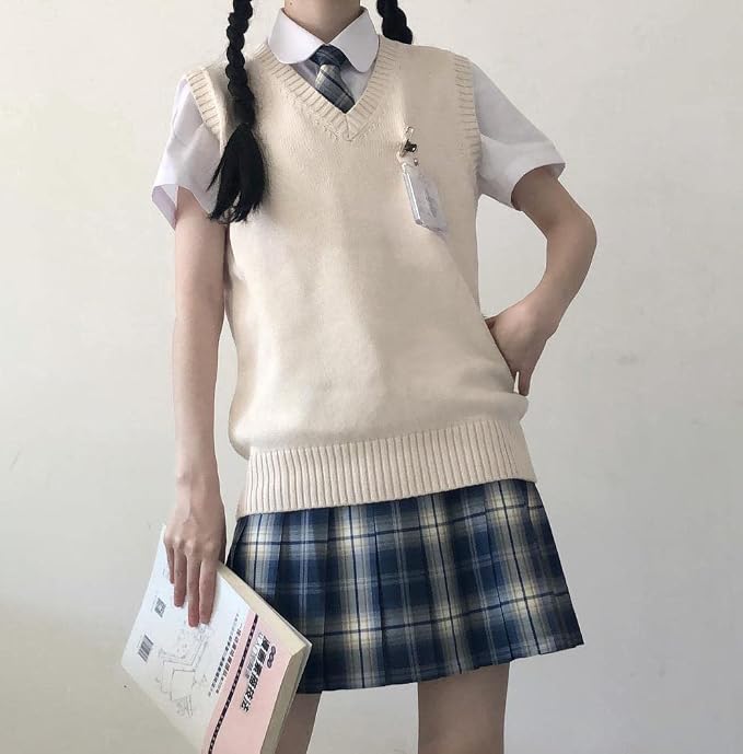 jinghuiyue Women’s V Neck Sweater Vest School Uniform Solid Color Sleeveless Knit Sweaters Pullover Tank Tops