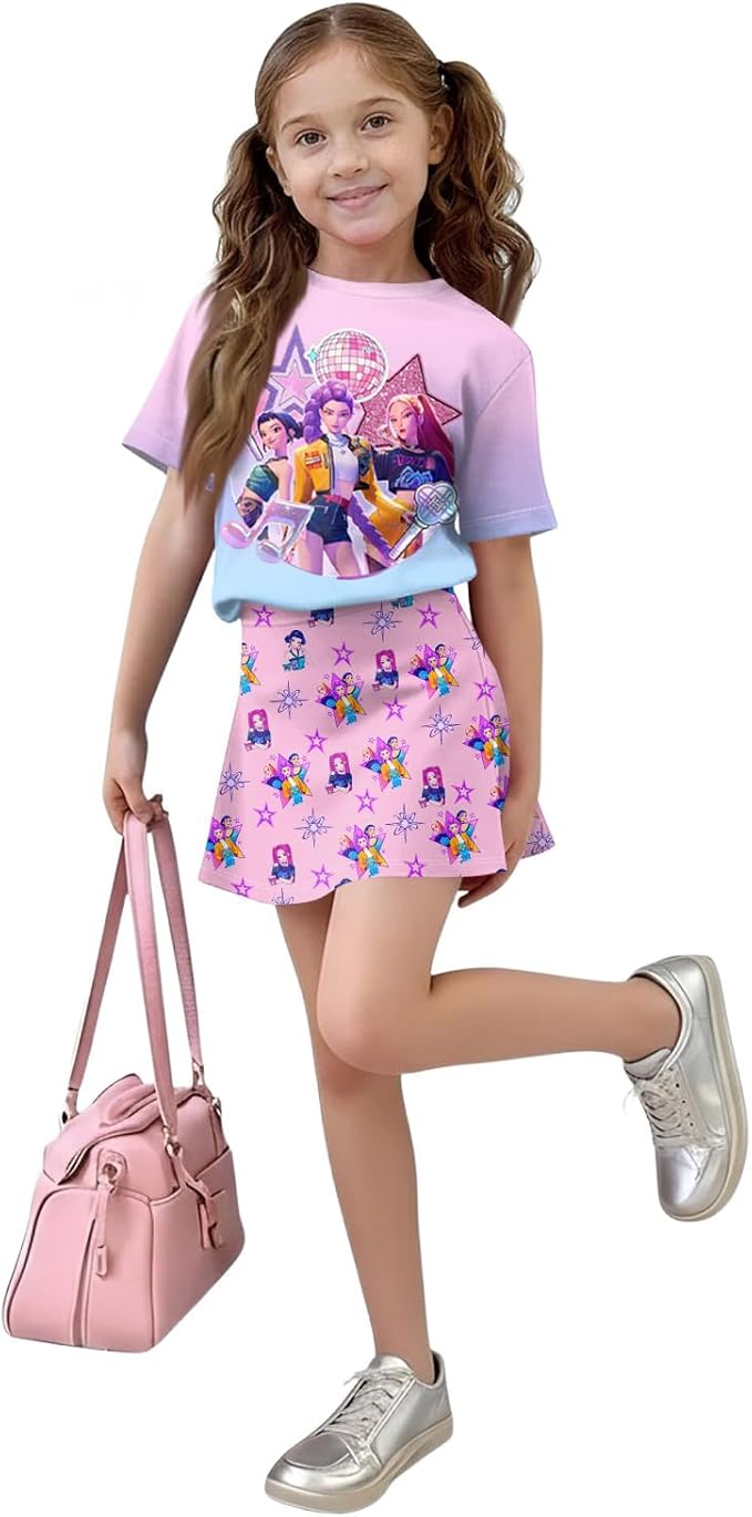 HTHLVMD K Pop Short Sleeve T-Shirt and Skirts Outfits Set for Girls Hunters Rumi Mira Zoey Graphic Tees De-Mon Costume