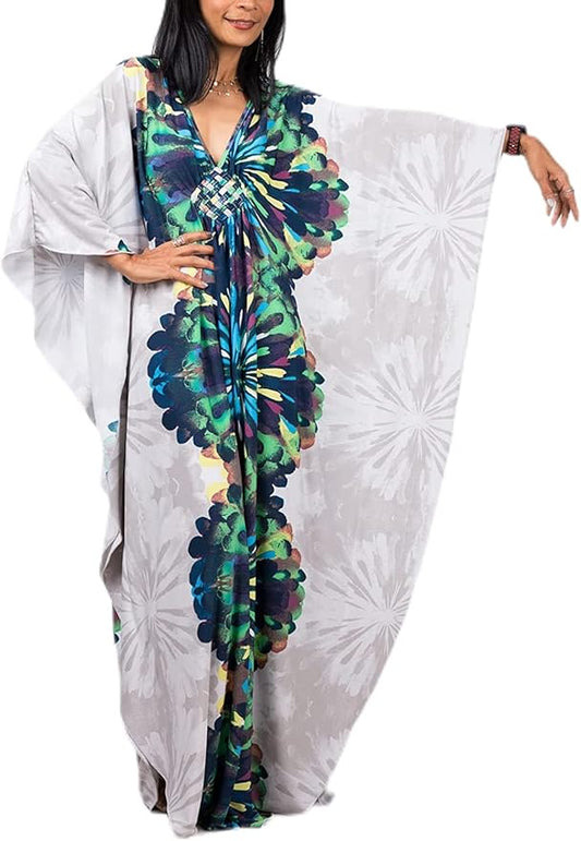 Venasha Womens Caftan Floral Print Kaftan Dress Short Sleeve Swimsuit Cover up Loungewear for Summer