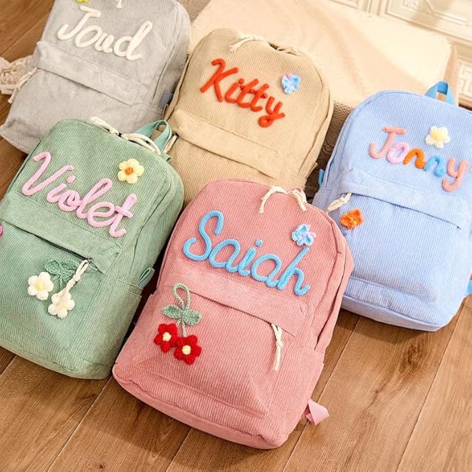 Generic Personalized Corduroy Backpack for School Girls & Boys, Custom Name School Bag with Cotton Rope Woven, Modern Daypack Backpack, 11in x 4.7in x 15.7in, Blue