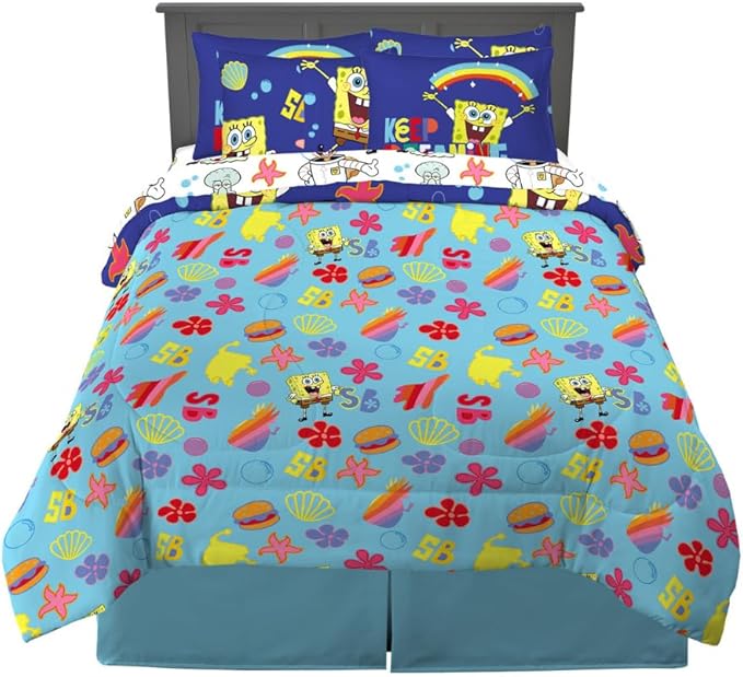 Spongebob Squarepants Kids Bedding Super Soft & Cozy Reversible Microfiber Comforter and Sheet Set with Sham, 7 Piece Queen Size, (Officially Licensed Product) by Franco