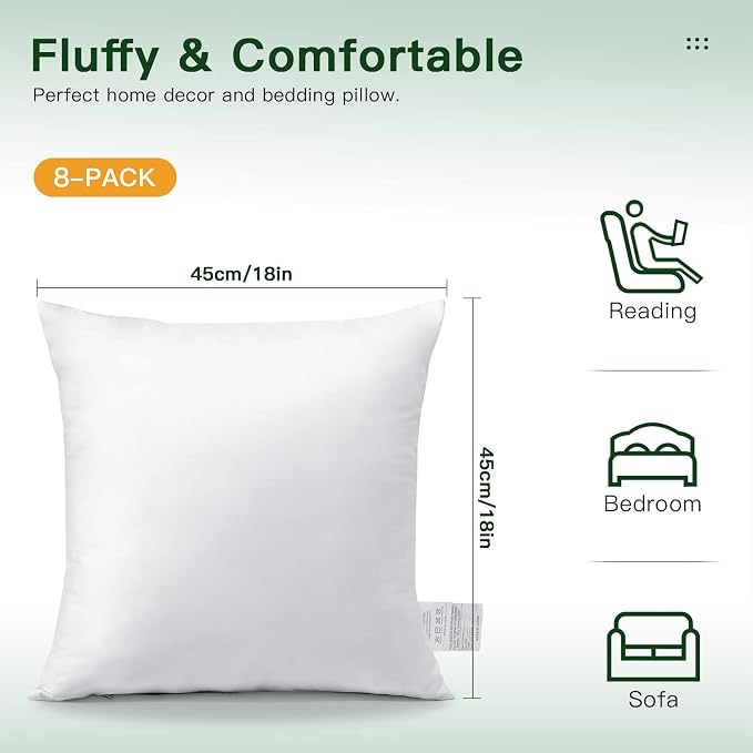 OTOSTAR Pack of 8 Throw Pillow Inserts, 18 x 18 Square Cushion Inner Soft Fluffy Plump Stuffer Cushion Pads White Decorative Pillow Inserts
