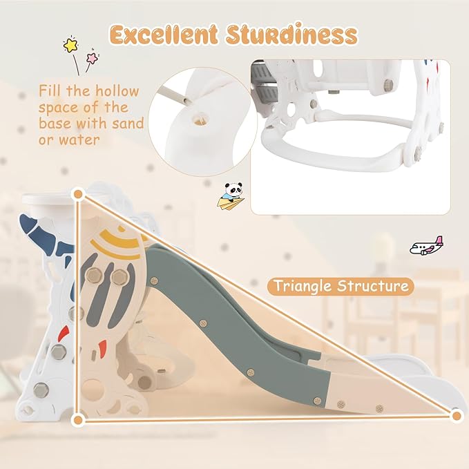 Costzon 4 in 1 Toddler Slide and Swing Set, Rocket Indoor Outdoor Baby Swing w/Slide, Swing, Climber, Basketball Hoop and Ball, Kids Climber Playground Playset for Boys Girls Gifts Presents