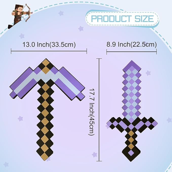 Foam Sword and Pickaxe Set Kids Role Play Toys for Halloween, Cosplay Video Game Parties