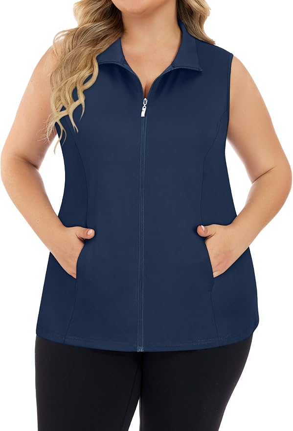Misyula Style Plus Size Womens Golf Shirt Full-Zip with Pockets Tank Tops | Sleeveless, Quick Dry, Moisture-wicking, Lightweight Vests, Athletic, Tennis, Running, Workout, Casual, Travel, Work