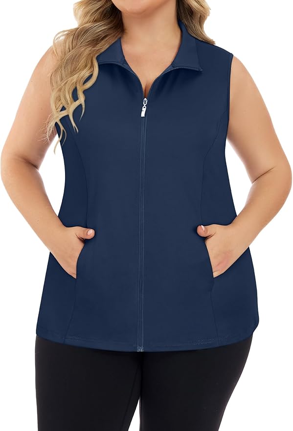 Misyula Style Plus Size Womens Golf Shirt Full-Zip with Pockets Tank Tops | Sleeveless, Quick Dry, Moisture-wicking, Lightweight Vests, Athletic, Tennis, Running, Workout, Casual, Travel, Work