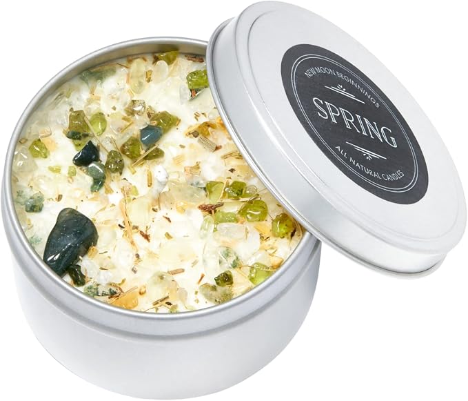 Spring Candle by New Moon Beginnings - Rosemary & Citrus Candle - Soy Candle - All Natural Aromatherapy Essential Oil Candle - Herb & Crystal Candle - Energy Cleansing Candle - 8 oz Tin