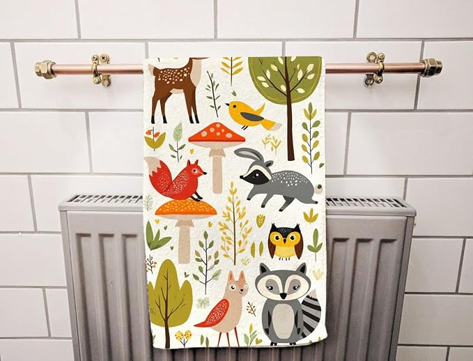 Summer Cute Woodland Animals Hand Towel Trees, Mushrooms and Berries Birthday Face Towels Suit Travel Sports Pool Swimming Bath Camping Spa Gym Yoga,15x30 Inch