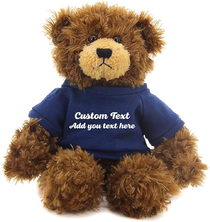 Customized Chocolate Brandon Bear - 12 inch Personalized Stuffed Bear Plush Toy - Perfect Custom Shirt Bear Gift for Graduation Valentines Graduation Easter Holidays (Navy Blue Shirt)