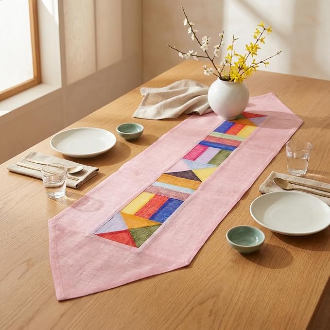 Korean Bojagi Ramie Table Runner 79", Patchwork Dining Decor, Pastel Pink | Bring the timeless beauty of Korean Bojagi patchwork into your home.