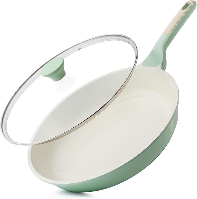 SENSARTE 12.5In Nonstick Ceramic Frying Pan with Lid, PFAS/PTFE Free, Green | Ceramic Omelette Pan Skillet, Healthy Non-toxic Chef's Pan, Induction Compatible Pan, Heat Resistant Handle
