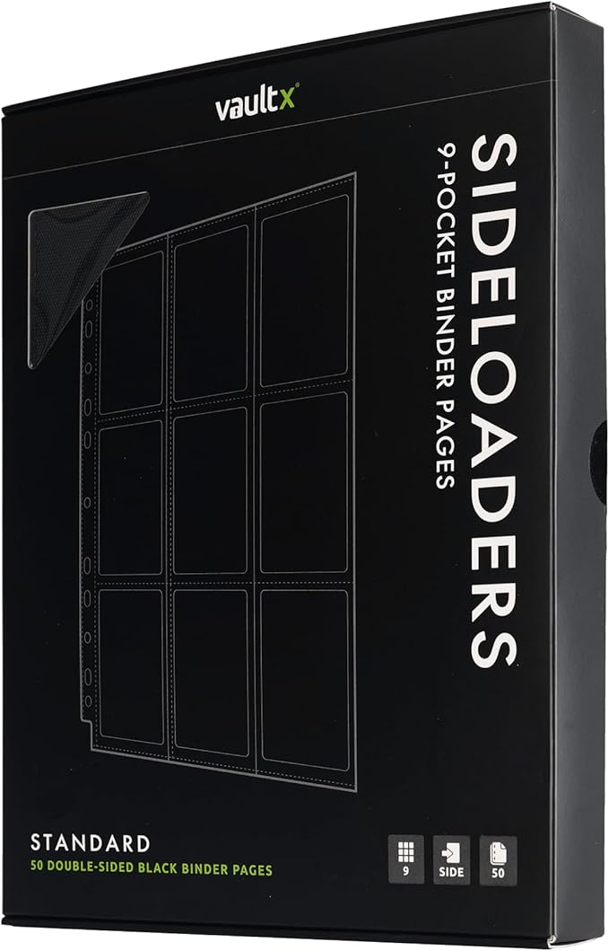 Vault X 9 Pocket Sideloading Pages for 3 Ring Binder (50 Pack) 900 Cards, Double-Sided A4, Storage for Trading Cards (Black)
