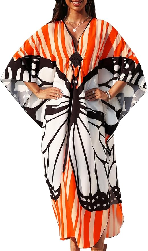 ChiaoLezhee Print Moo-Moos for Women, Kaftan Cover-Up Dresses, Sexy V-Neck High-Slit, Beach Pool-Party Coverups Muumuu Plus