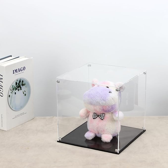 Clear Self-Assembly Acrylic Boxes for Display, Transparent Display Case with Black Base and Lid, Cube Countertop Storage Boxes Glass Case for Collectibles Models Doll Boy Figurine, 9x9x9Inch