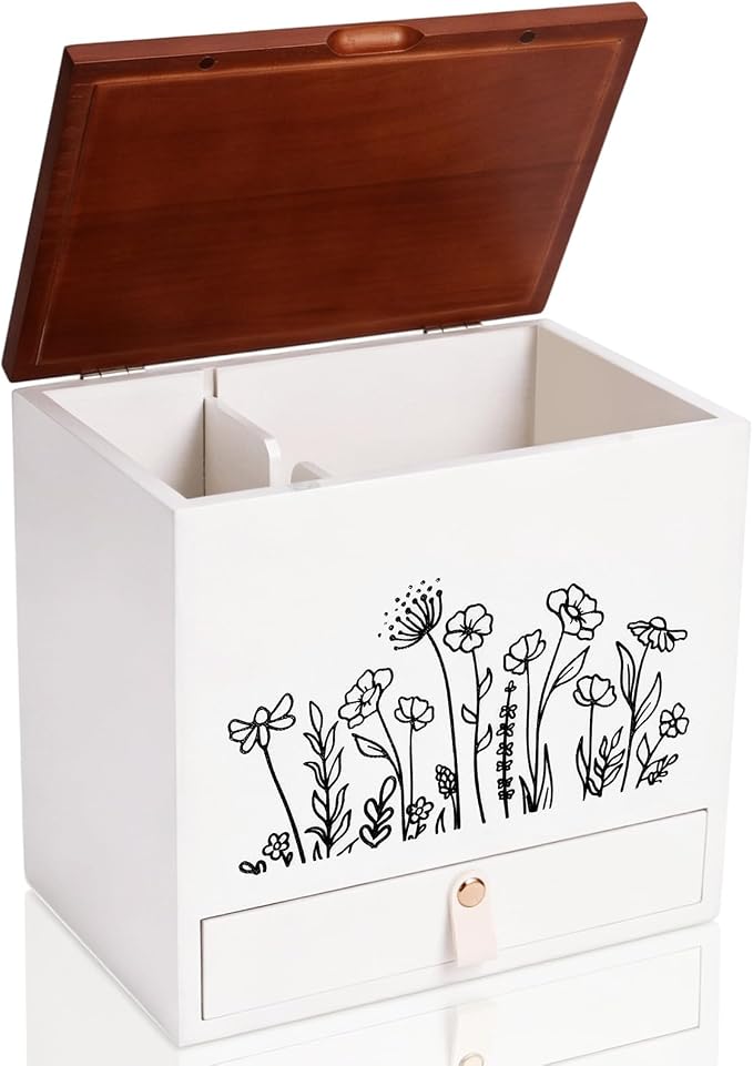 2-Layer Solid Wood Tampon Box Storage Organizer, 100% Wood Bathroom Feminine Accessories Holder with Drawer, Dual-Compartment Holder for Pads, Tampons, & Liners, Gold Floral, Gifts for Women