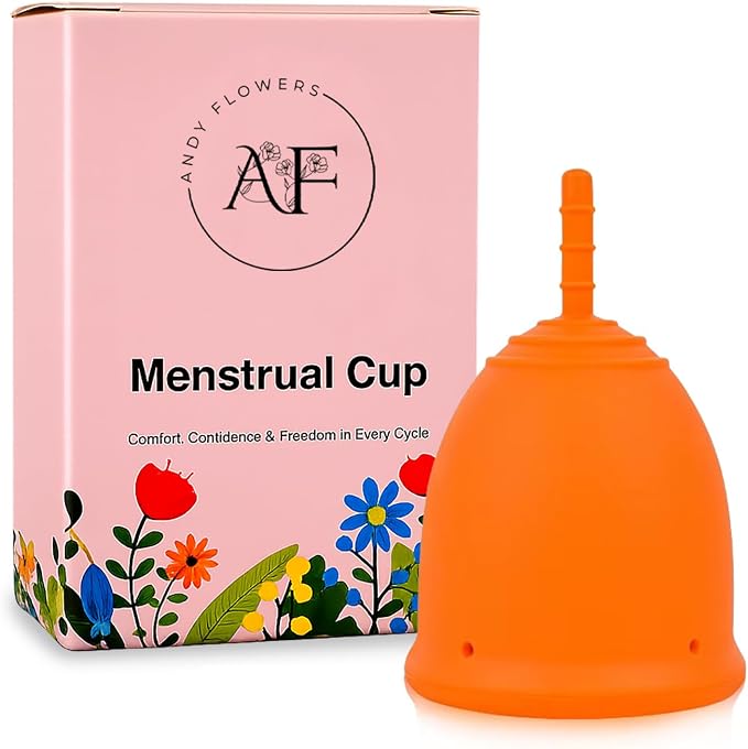 Reusable Menstrual Cup, Medical Grade Silicone Period Cup for Women & Beginners, Eco-Friendly Feminine Hygiene, Leak-Free Comfort for Up to 12 Hours (Small & Large) (Orange, Small)