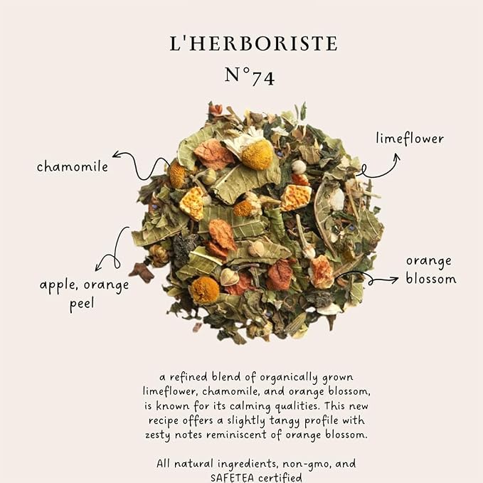 Palais des Thés Caffeine-Free Tea - L'Herboriste N∞74 Organic Calming Herbal Blend with Limeflower, Chamomile & Orange Blossom - Premium Tea Bags, Serves 20 Cups
