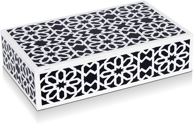 Handicrafts Home Decorative Storage Box with Lid, Black White Moorish Rosette Pattern Remote Holder Box, Persian Geometric Coffee Table Storage Organizer for Living Room Decor, Shiraz 10 x 6 x 2.5