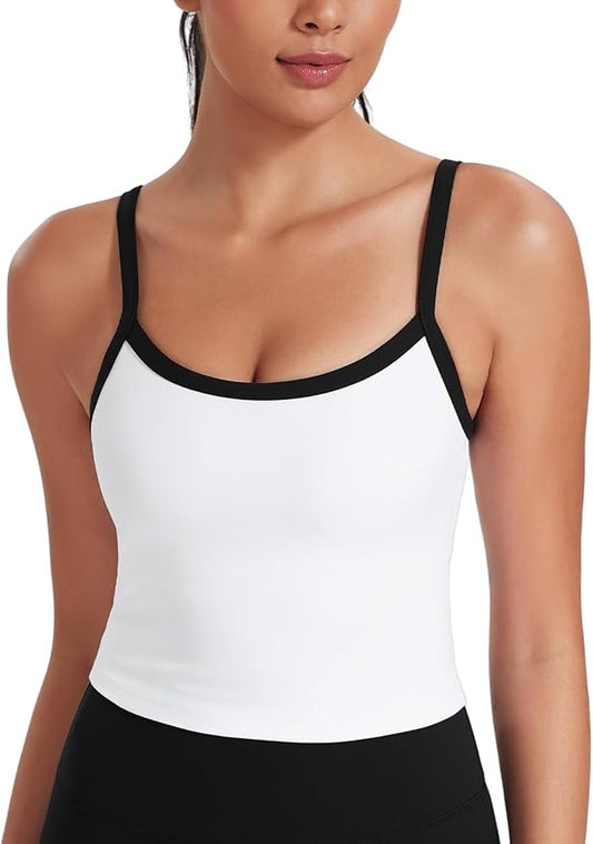 HeyNuts Vintage Color-Block Strappy Crop Tank Top for Womens, Cute Contrasting Trim Yoga Longline Sports Bras Padded A-D Cups