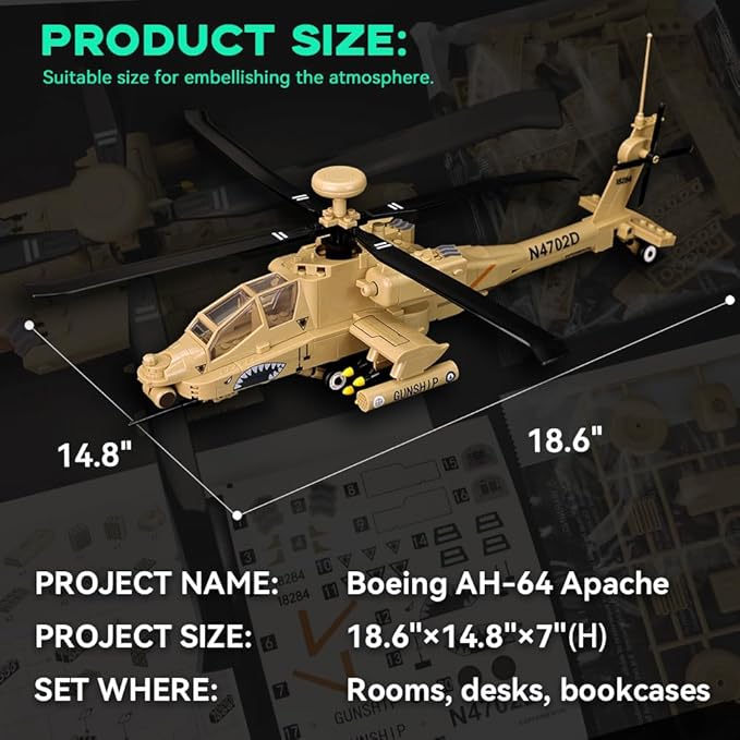 ArtorBricks AH-64 Apche Airplane Military Building Set - 223 Piece Model Kit for Adults, Collectors & Hobbyists