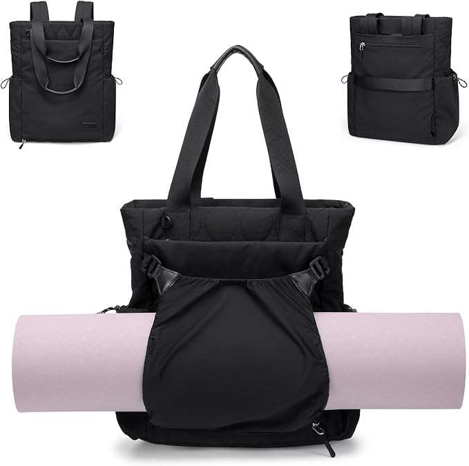 GOLF SUPAGS 3-in-1 Laptop Tote Backpack for Women 15.6" Quilted Work Gym Bag with Hidden Yoga Mat Carrier for Travel Leisure (Black)