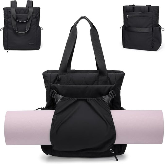 GOLF SUPAGS 3-in-1 Laptop Tote Backpack for Women 15.6" Quilted Work Gym Bag with Hidden Yoga Mat Carrier for Travel Leisure (Black)
