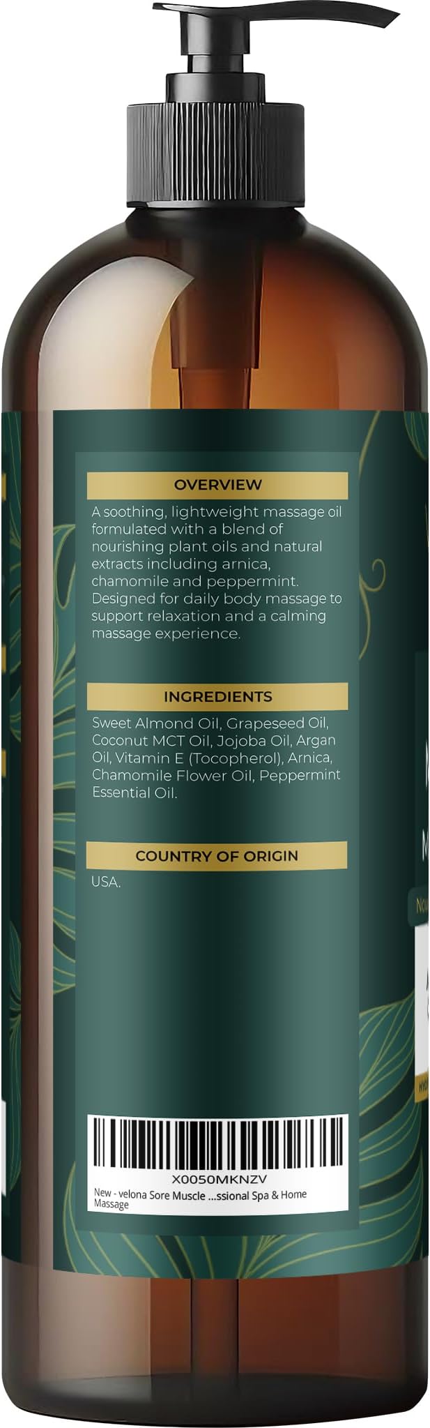 velona Sore Muscle Massage Oil – 16 Fl Oz | Arnica & Chamomile | Muscle & Joints Massage Therapy | Moisturizing, Refreshing & Relaxing Body Oil | Professional Spa & Home Massage