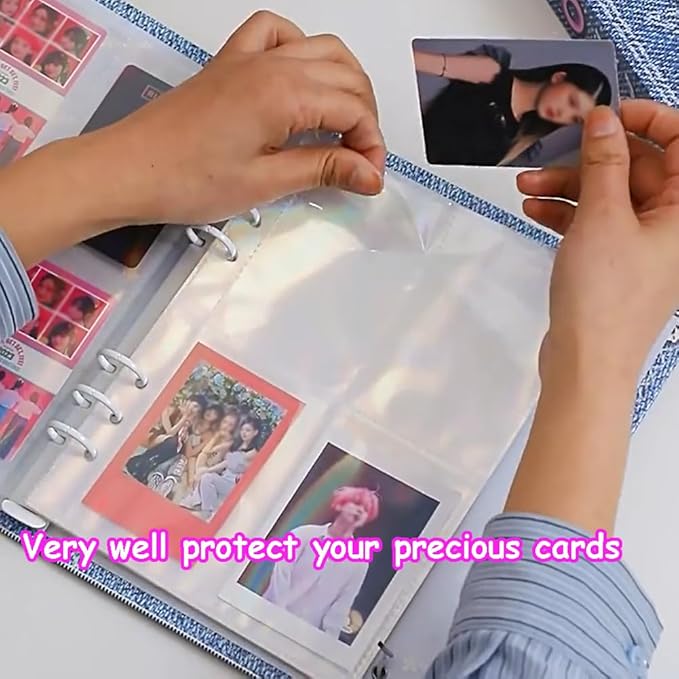 Kpop Photocard Binder with 6 Stickers Sheet & 50 Shinning Protective Sleeves Kpop Photocard Holder Book with Kpop Photocard, A5 Binder Photocard Album 30 Inner Pages with 240 Pockets (Jeans)