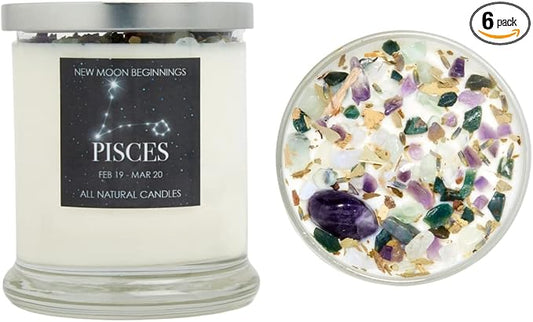 Pisces Zodiac Candle (Feb. 19 - Mar. 20) -Soy Candle - All Natural Aromatherapy Candle - Pisces Horoscope Candle - Crystal Candles - 12 oz Glass Jar